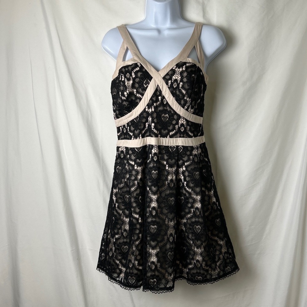ANTONIA Womans Heart Lace Babydoll Mini Dress Size 6 Black Beige Romantic Party